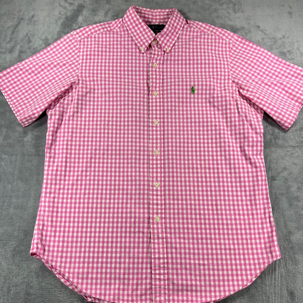 Polo Ralph Lauren Mens L Pink White Green Gingham Short Sleeve Button Down Shirt
